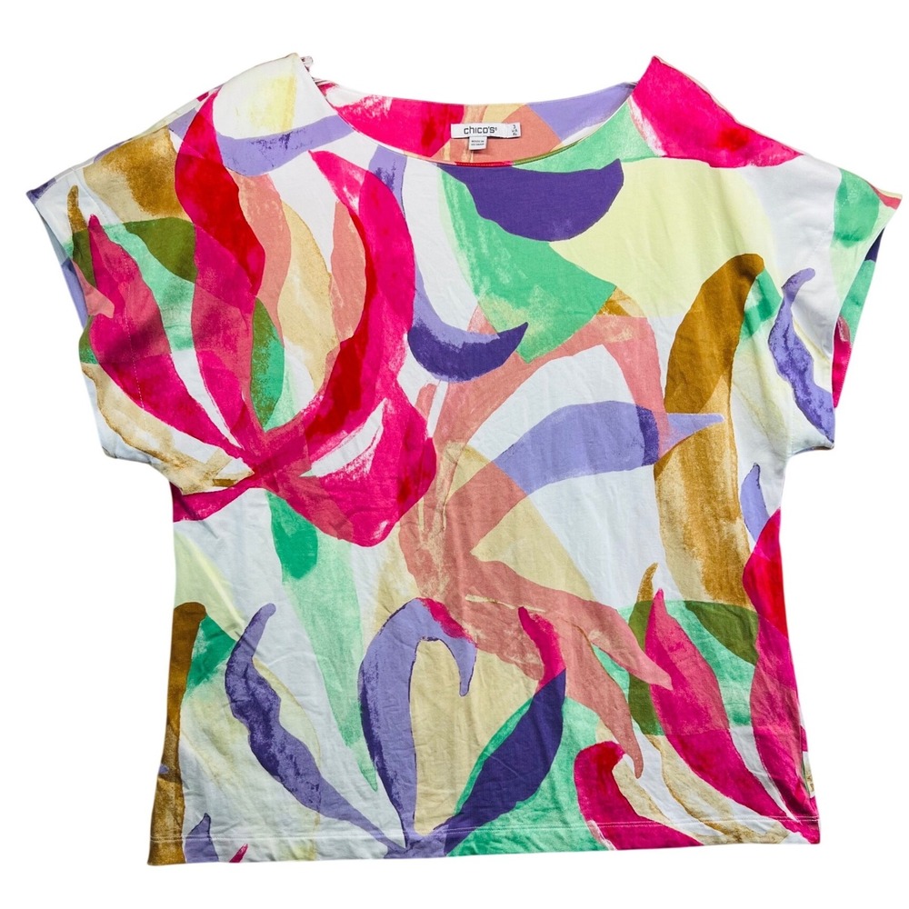Chicos Abstract Brushstroke Print Boat Neck Top Multi-Color Size XL Short Sleeve